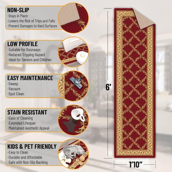 House Collection Non-Slip Rubberback Trellis Design 2 x 6 Indoor Runner Rug,1 ft. 10 in. x 6 ft., Red Trellis