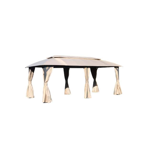 10 ft. x 20 ft. Brown Outdoor Gazebo with Double Roofs, Privacy Curtains, Mosquito Nettings, Heavy Duty Metal Frame