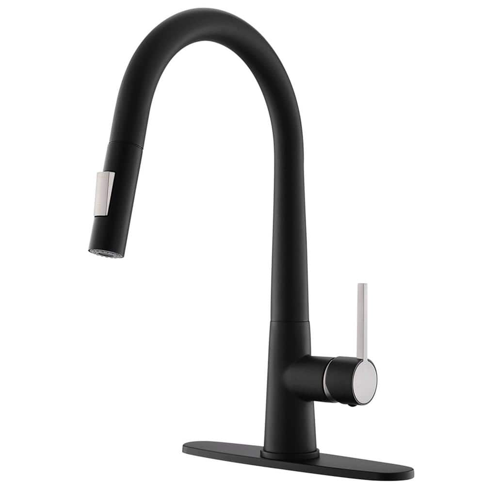 Single Handle Pull Down Sprayer Kitchen Faucet with Advanced Spray and Deckplate 1 Hole Kitchen Sink Taps in Matte Black -  AIMADI, KI-0131-MB