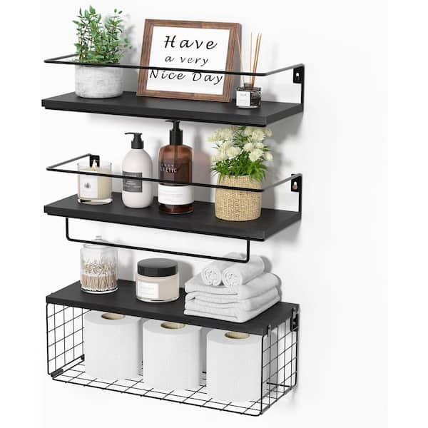 Cubilan 15.7 in. W x 5.9 in. D Black Decorative Wall Shelf, Farmhouse Wood Floating Shelf, Set of 3