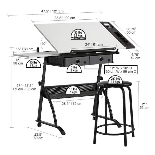  Studio Designs Folding Modern Glass Top Adjustable Drafting Table  Craft Table Drawing Desk Hobby Table Writing Desk Studio Desk, 35.25 W x  23.75 D, Silver / Blue Glass : Home 