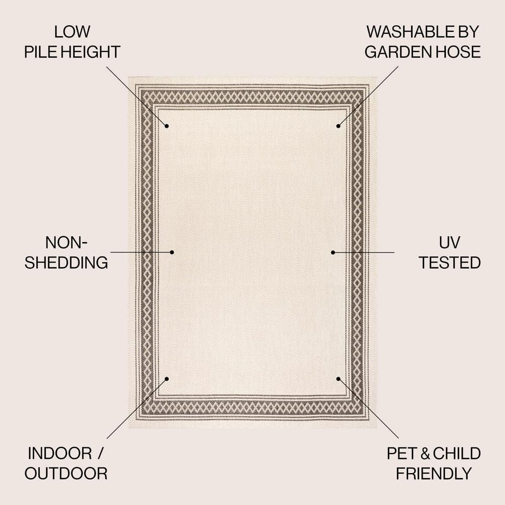 Lucia Modern Diamond Border Cream/Black 8' x 10' Indoor/Outdoor Rug