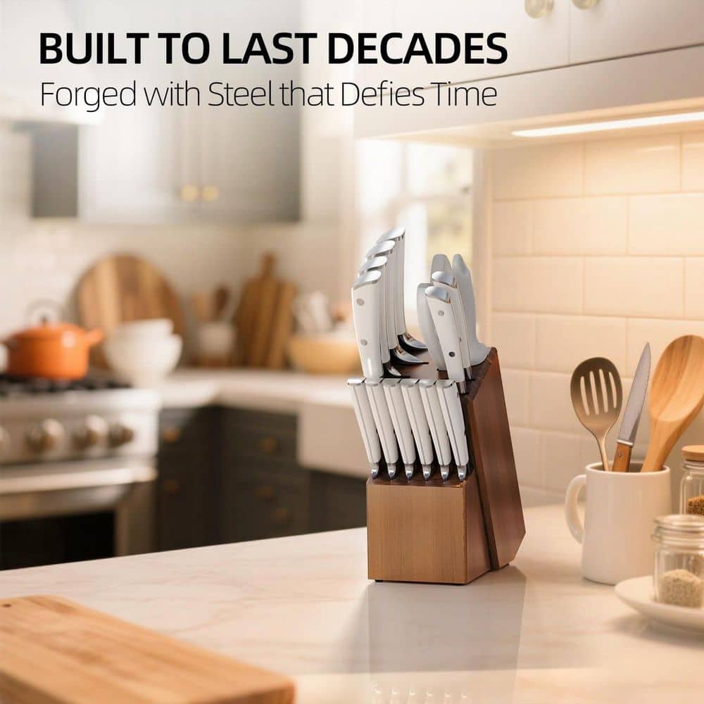 15-Piece Japanese High Carbon Stainless Steel Knife Set with Block and Sharpener, Ergonomic Full-tang Handle - Thumbnail 2