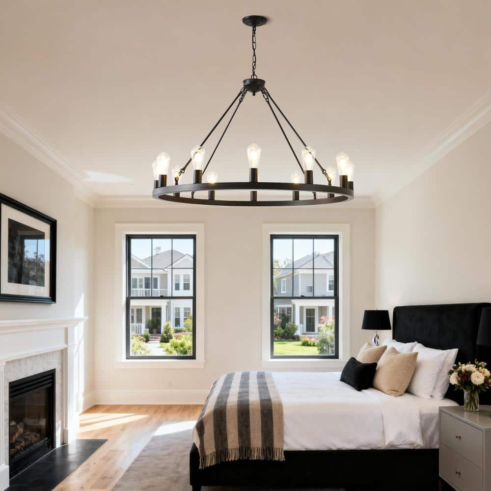 39.4 in. 12-Light Black Extra Large Wagon Wheel Chandelier Round High Ceiling Pendant Light Adjustable Chain price history on PriceWatchPro