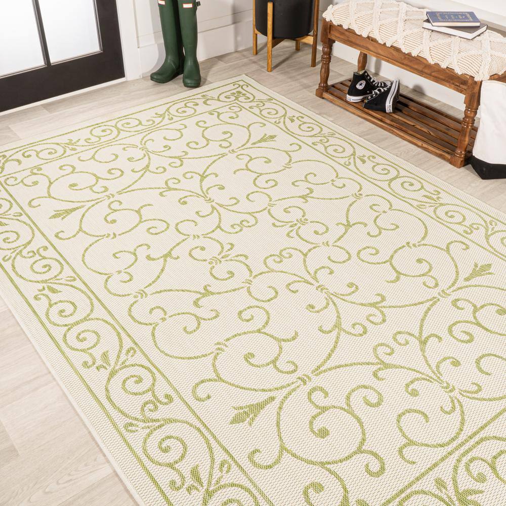 Charleston Vintage Filigree Cream and Green 9' x 12' Indoor/Outdoor Rug