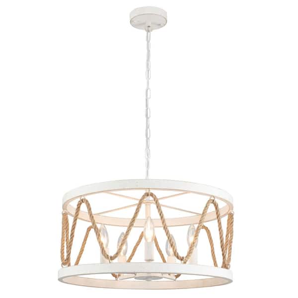 ADSENSTY 5-Light Distressed White Dimmable Drum Chandelier for Dining Room Kitchen Island with no bulbs included