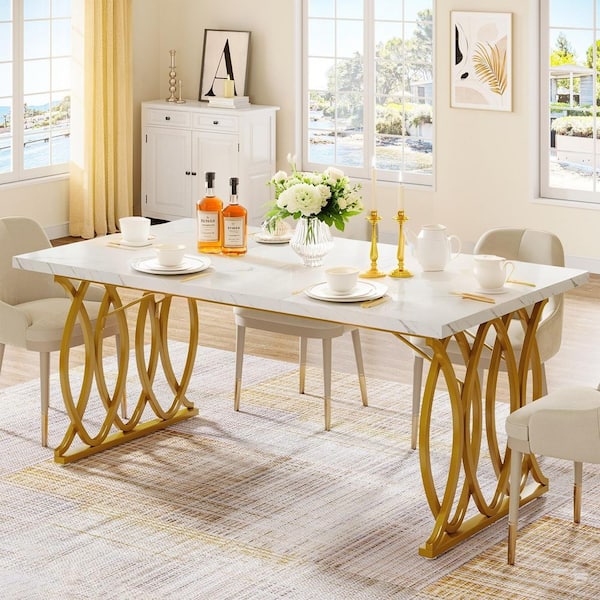 Roesler White Wood 63 in. Trestle Rectangle Dining Table Seats 4-6 with Faux Marble Table Top and Gold Geometric Legs