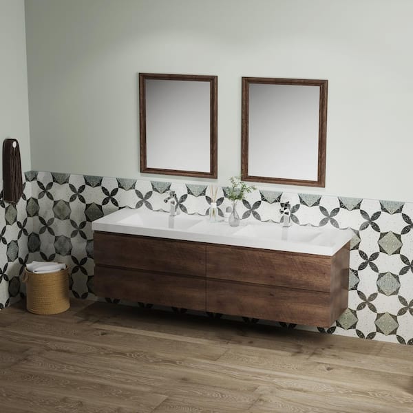 Angela 72 in. W x 18.7 in. D x 20.5 in. H Wall Mounted Bathroom Vanity Sink Combo in Rosewood with Glossy White Top