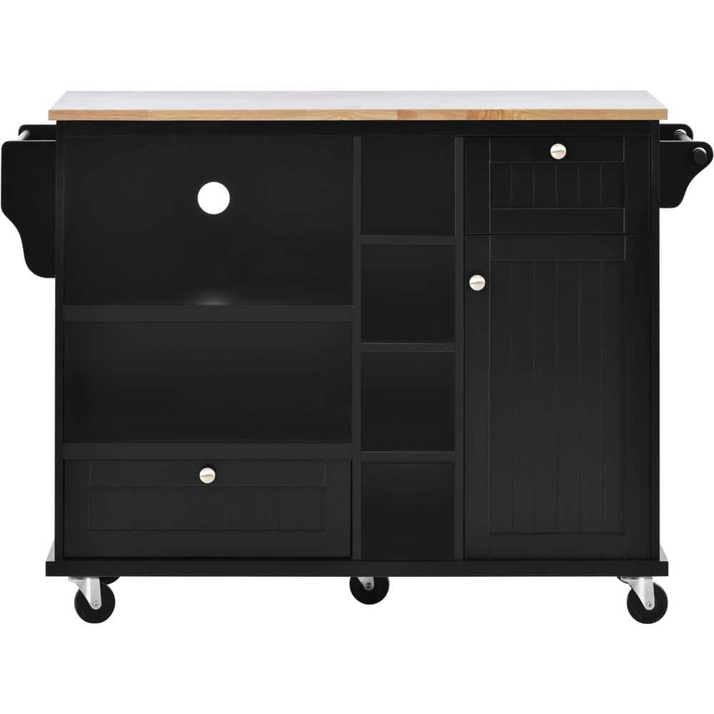 Black Rubber Wood Kitchen Cart with Storage Cabinet, Towel Holder, and Spic