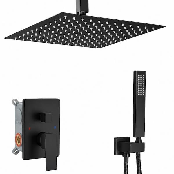 Matte Black 12 in. Ceiling Mount Rain Shower Head System with Brass Valve, Handheld and Trim Kit Combo Set