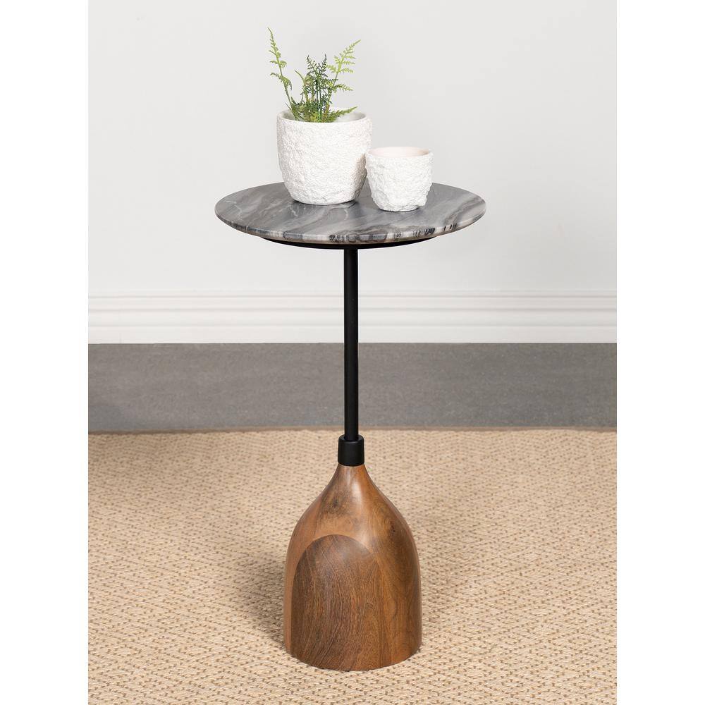 Mid Century Modern Black Marble and Brown Wood Round Side Table