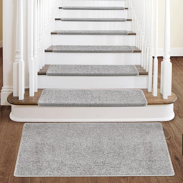 Light Gray 9.5 in. x 30 in. x 1.2 in. Bullnose Polypropylene Non-slip Carpet Stair Tread Cover Landing Mat (Set of 15)