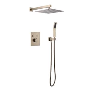 2-Spray Patterns 2 GPM 12 in. Wall Mounted Thermostatic Dual Shower Heads with Handheld Shower in Brushed Gold