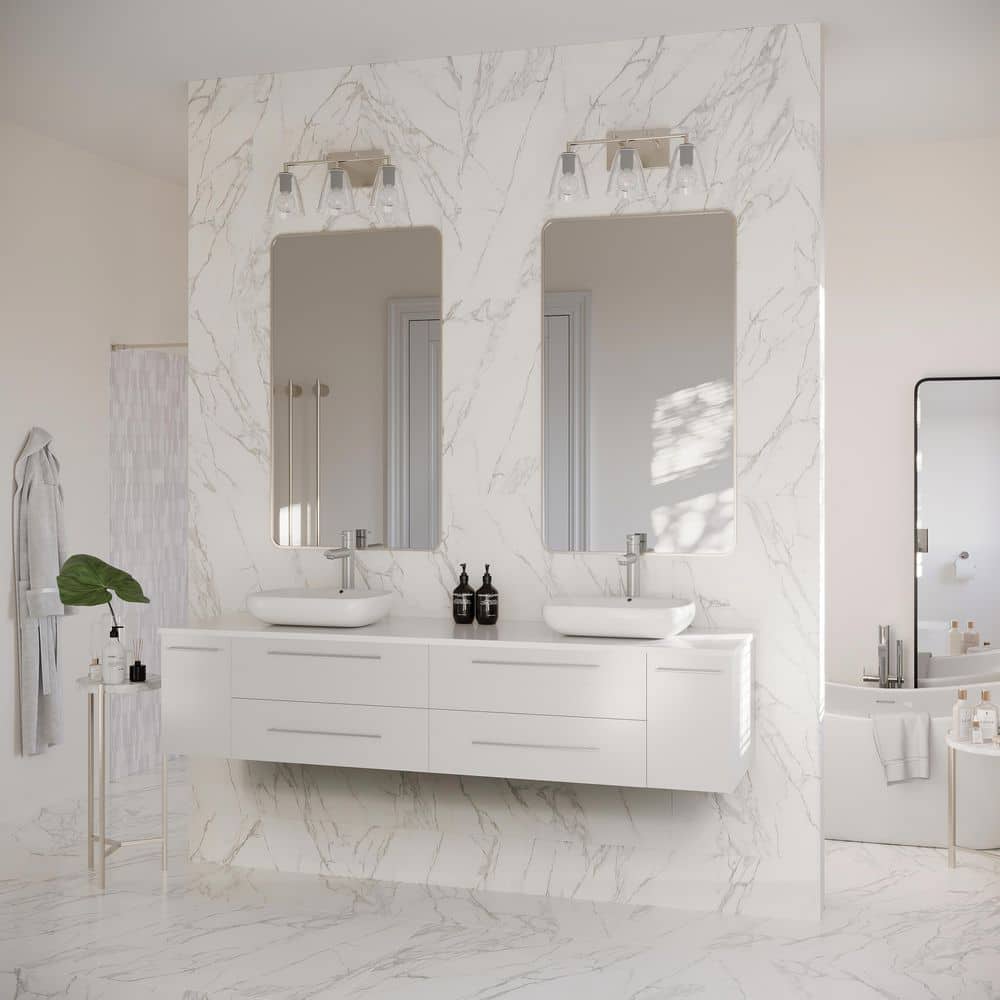 Elegant 72" White Quartz Top Double Vessel Sink Wall-Mount Vanity