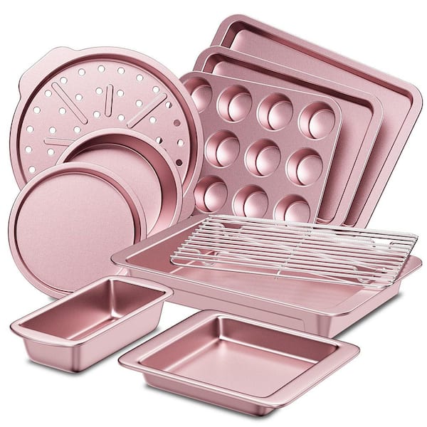 Non-Stick 10-Piece Bakeware Set with Lids, Wider Grips, Dishwasher Safe, Heat-Resistant and PFOA-Free, in Pink