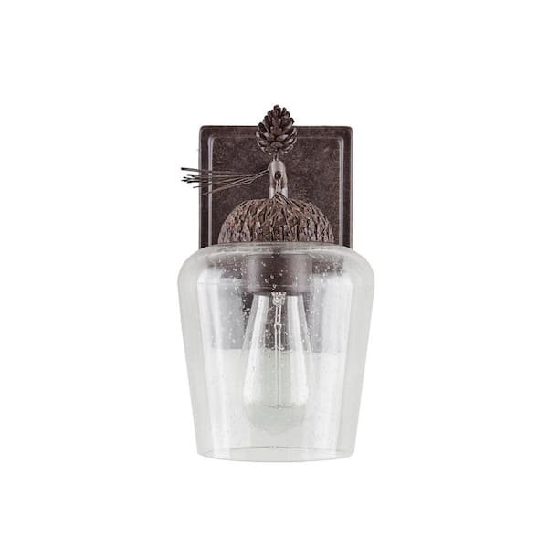 Hampton Bay Spruce Lodge 1-Light Handmade Pinecone Wall Sconce with Clear Seeded Glass Shade
