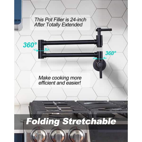 Contemporary Brass Wall Mount Pot Filler with Double Handles and Swing Arm Folding Kitchen Faucet in Oil Rubbed Bronze