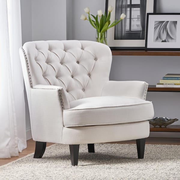 Vintage Ivory Fabric Upholstered Arm Chair with Nailhead Trim, Solid Wood Legs, Elegant Curved Backrest