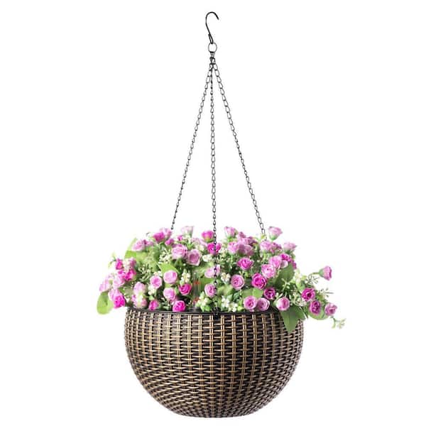 10 in. Self Watering Bronze Plastic Hanging Basket Flower Planter