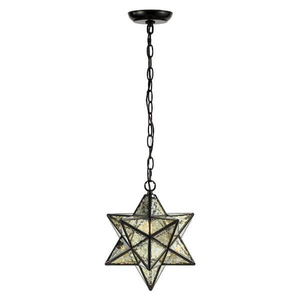 Stella 12 in. 1-Light Oil Rubbed Bronze/Mercuy Glass Moravian Star Metal/Mercury Glass LED Pendant