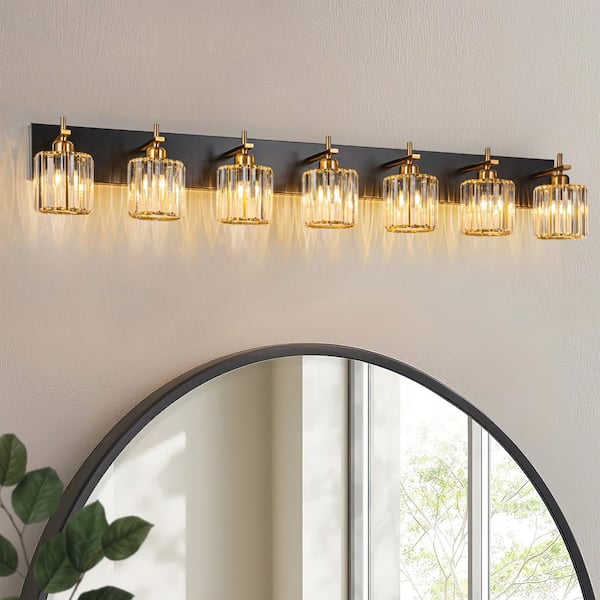 EDISLIVE Orillia 51.2 in. 7-Light Black and Gold Bathroom Vanity Light with Crystal Shade Wall Sconce Over Mirror