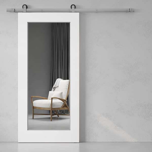 Urban Woodcraft 40 in. x 83 in. LISMORE Solid Core White Wood Modern Barn Door with Sliding Door Hardware Kit