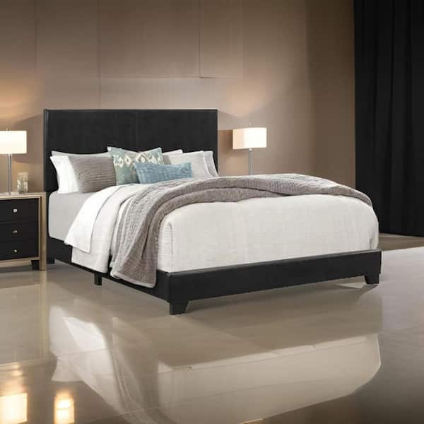 Benjara Black Wood Frame King Platform Bed with Upholstered Headboard