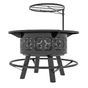 Portable Wood Burning Fire Pit with Adjustable Cooking Grate 33 in. Pan and Poker, Camping Bonfire Stove in Black