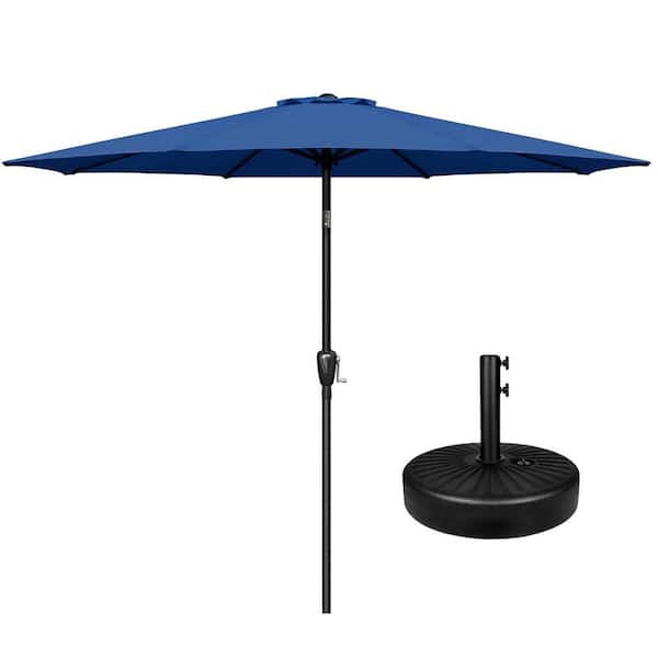TIRAMISUBEST 9 ft. Iron Market Patio Umbrella with 20 in. Heavy-Duty Base Stand in Blue