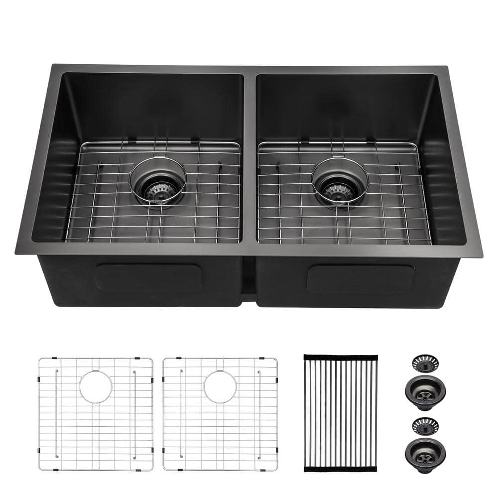 33 in. Undermount Double Bowl 16-Gauge Black Stainless Steel Kitchen Sink Under Counter Kitchen Basin with Bottom Grids -  Sarlai, AU3319B