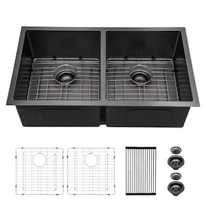 33 in. Undermount Double Bowl 16-Gauge Black Stainless Steel Kitchen Sink Under Counter Kitchen Basin with Bottom Grids