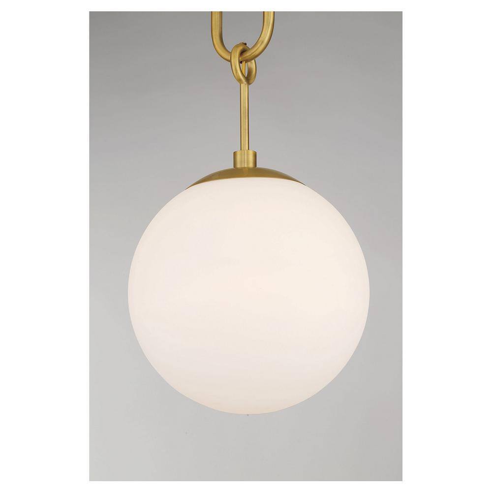Becker Mid-Century Warm Brass Globe Pendant with White Glass