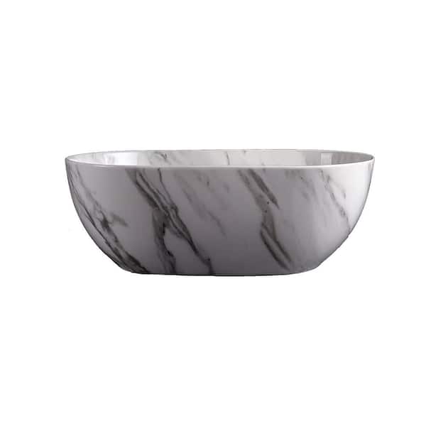 ANZZI 61 in. x 31 in. Solid Surface Stone Resin Durable Freestanding Soaking Bathtub with Center Drain in White and Grey
