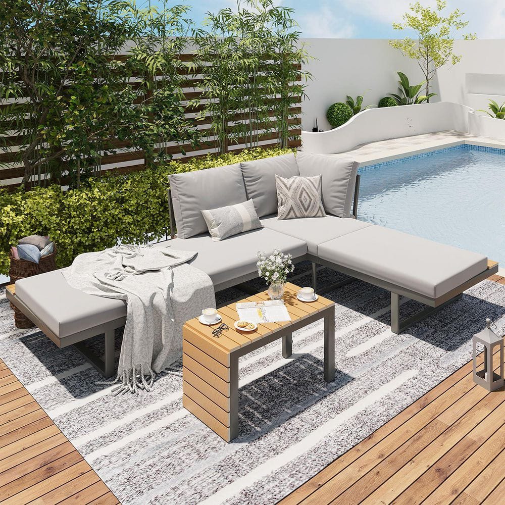 3-Piece Metal Patio Furniture Set, Convertible Outdoor Daybed with Coffee Table, Grey price history on PriceWatchPro