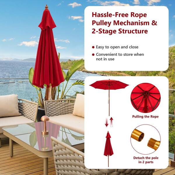 closest store for patio umbrella 9.5 Feet Pulley Lift Round Patio Umbrella with Fiberglass Ribs-Red