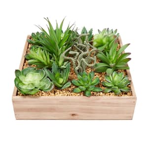 Artificial Assorted Faux Succulent Arrangement with Decorative Wooden Box