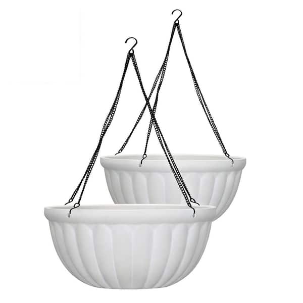 Medium White Resin Round Hanging Planter with Knock-Out Drainage Holes (12 in. L x 12 in. W x 5.5 in. H) (2-Pack)