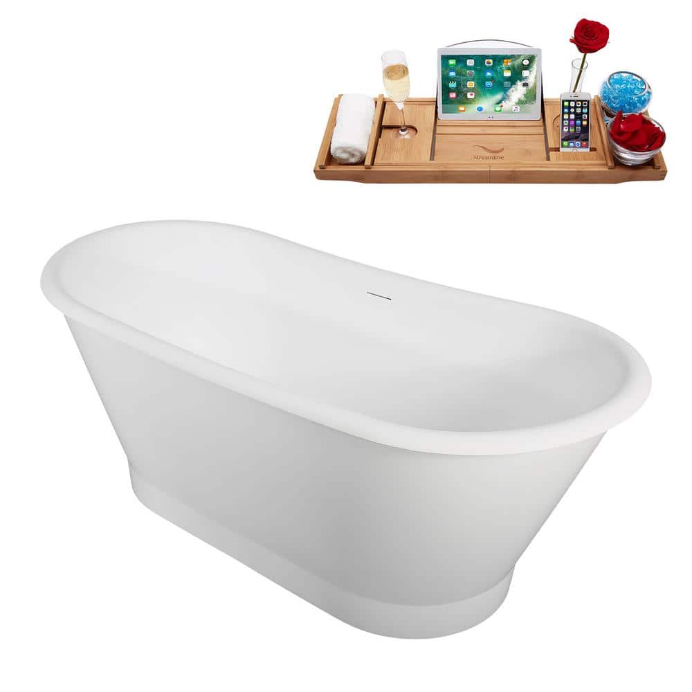 67" Glossy White Acrylic Freestanding Soaking Bathtub with Bamboo Tray