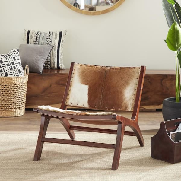 Litton Lane Brown Teak Wood Accent Chair with Hair on Hide Seat and Back (Set of 2)