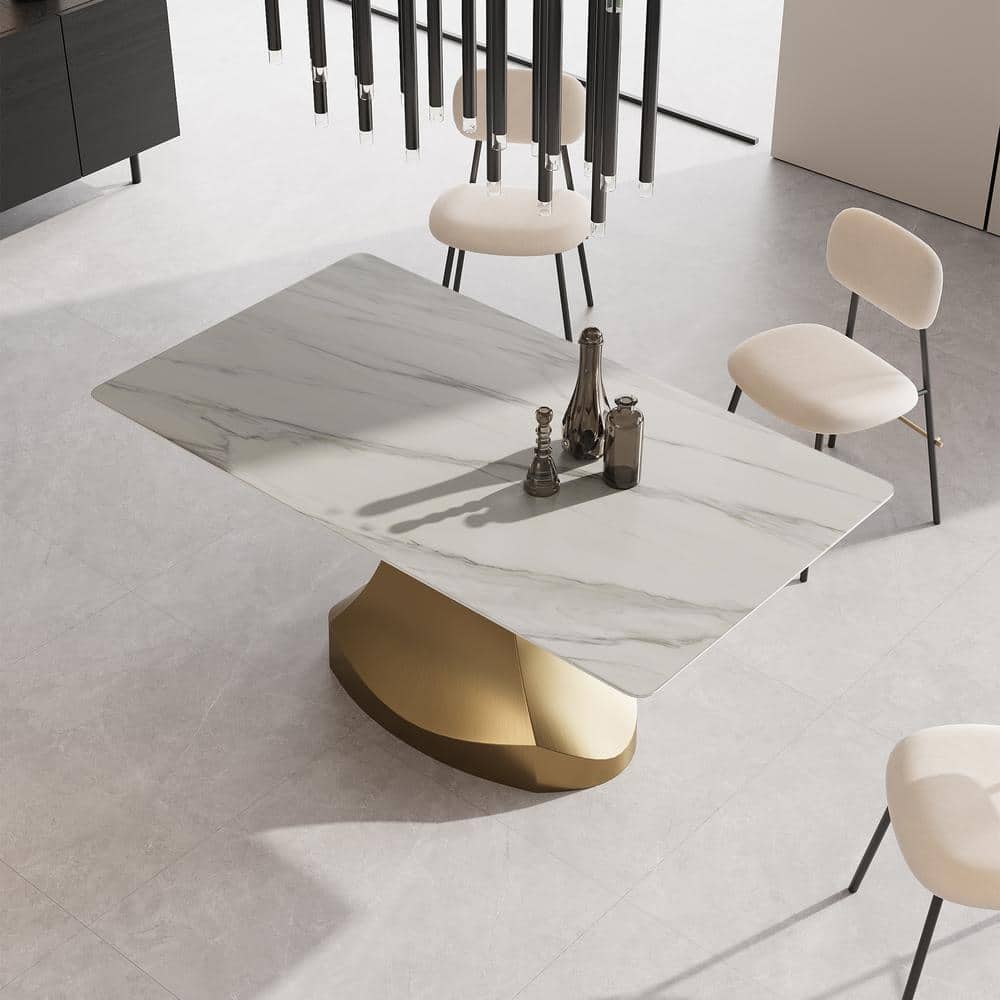 Modern Rectangle White Snowy Mountain Stone Tabletop 55.12 in. Titanium Sta