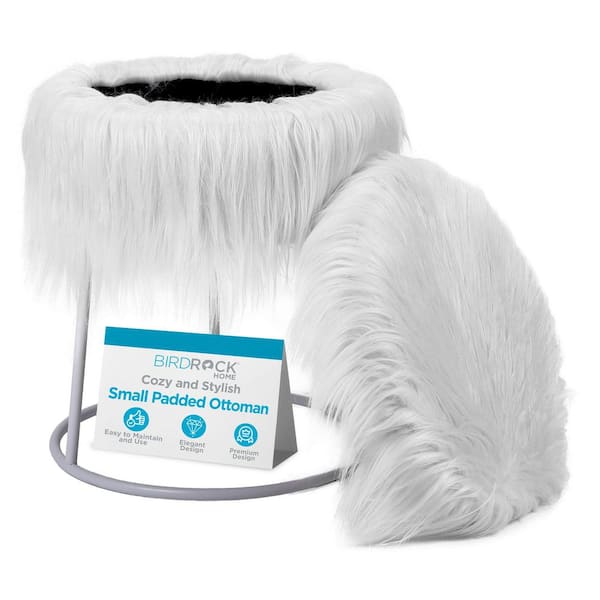 White faux fur storage ottoman with silver frame shown from front.