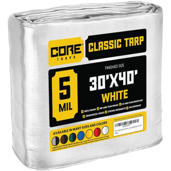 CORE TARPS 30 ft. x 40 ft. White 5 Mil Heavy Duty Polyethylene Tarp, Waterproof, UV Resistant, Rip and Tear Proof