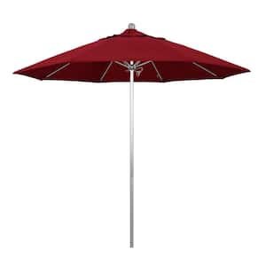 9 ft. Silver Aluminum Commercial Market Patio Umbrella with Fiberglass Ribs and Push Lift in Red Olefin