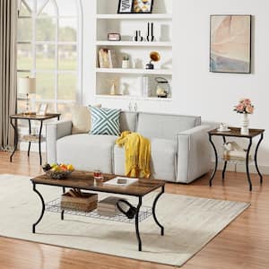 3 Pieces Coffee Table Set 34.9 in. Brown Rectangle Wood Coffee Table with Open Storage Shelves Living Room Set
