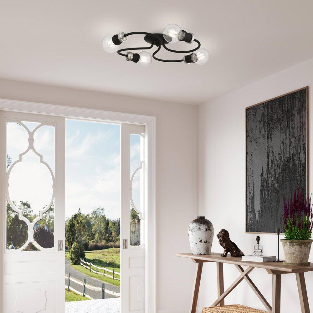 Black and Brushed Nickel 4-Light Flush Mount Ceiling Fixture