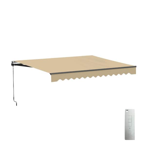 12 ft. Caribbean UV Polyester Motorized Retractable Patio Awning 10 ft. Projection in Sand Black Frame