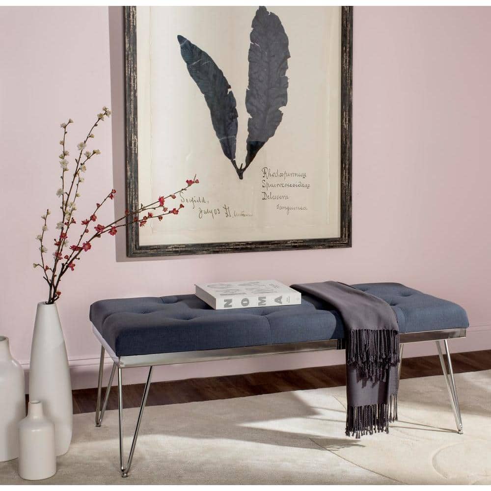 Navy Linen Upholstered Bench with Chrome Hairpin Legs