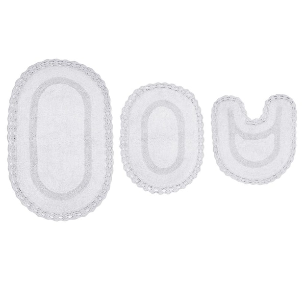 HOME WEAVERS INC Hampton Crochet Reversible 100% Cotton Bath Rug, 3-Pcs Set with Contour, White