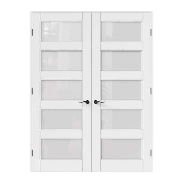 64 in. x 80 in. Universal 5-Lite Frosted Glass White Solid Core Wood Double Prehung French Door with Quick Assemble Jamb