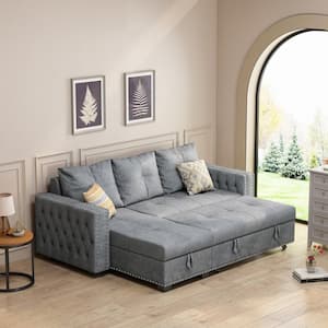 91 in. Gray Velvet Reversible Sleeper 3-Seat Sectional Sofa Corner Full Sofa Bed with Storage Square Arm Nailheaded